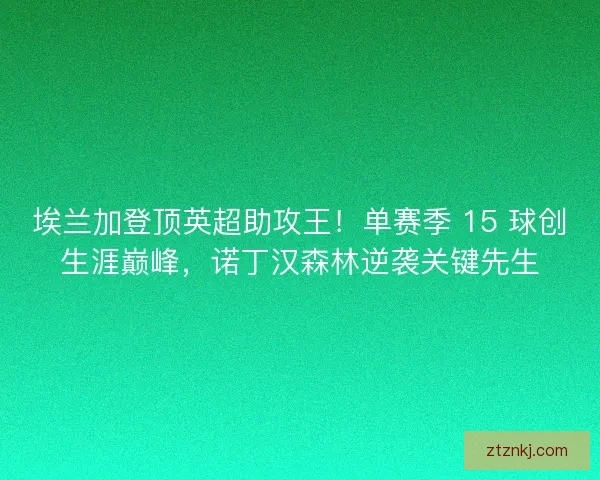 埃兰加登顶英超助攻王！单赛季 15 球创生涯巅峰，诺丁汉森林逆袭关键先生